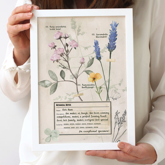personalised botanical gift for Nanny in white A4 frame
