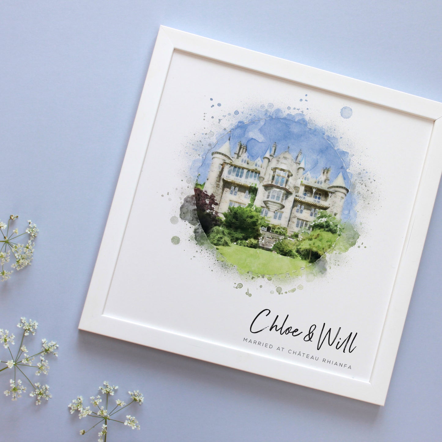 wedding illustration of Chateau Rhianfa in a square white frame