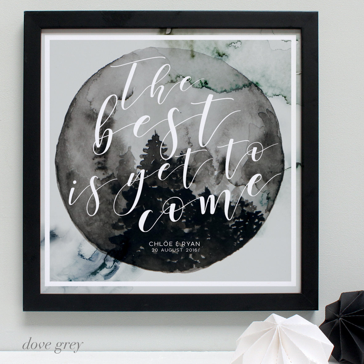 dove grey personalised anniversary print, black frame