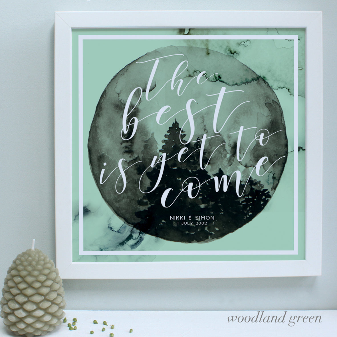 personalised woodland green anniversary print, white frame