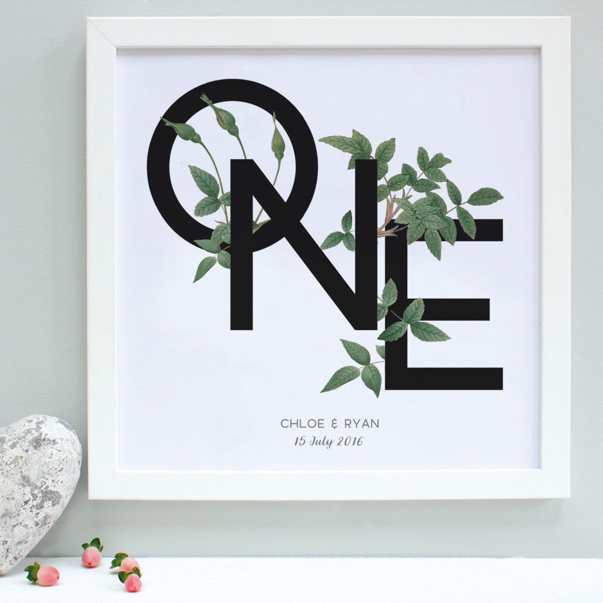 first anniversary print, green foliage, white frame