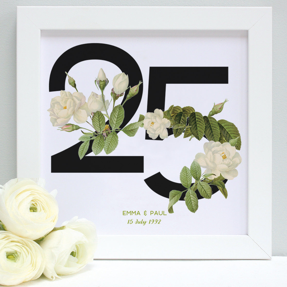 25th wedding anniversary print, white frame