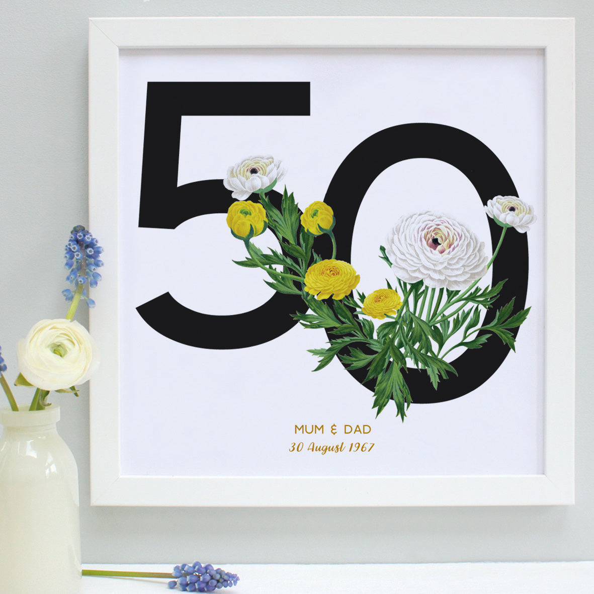 50th anniversary print, white and yellow flowers, white frame