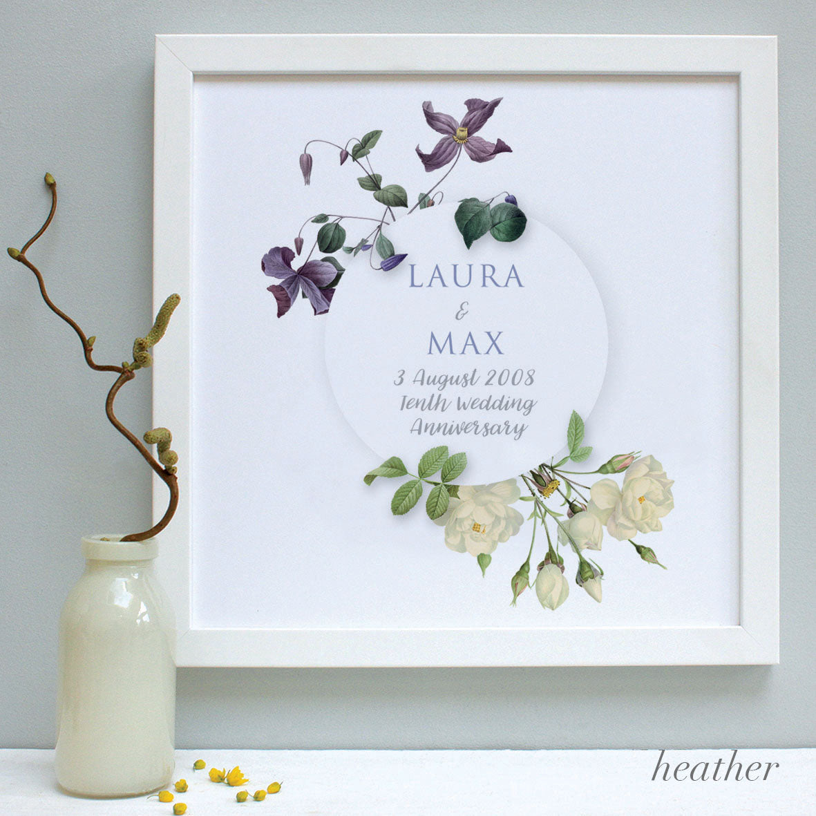 personalised heather flowers anniversary print, white frame
