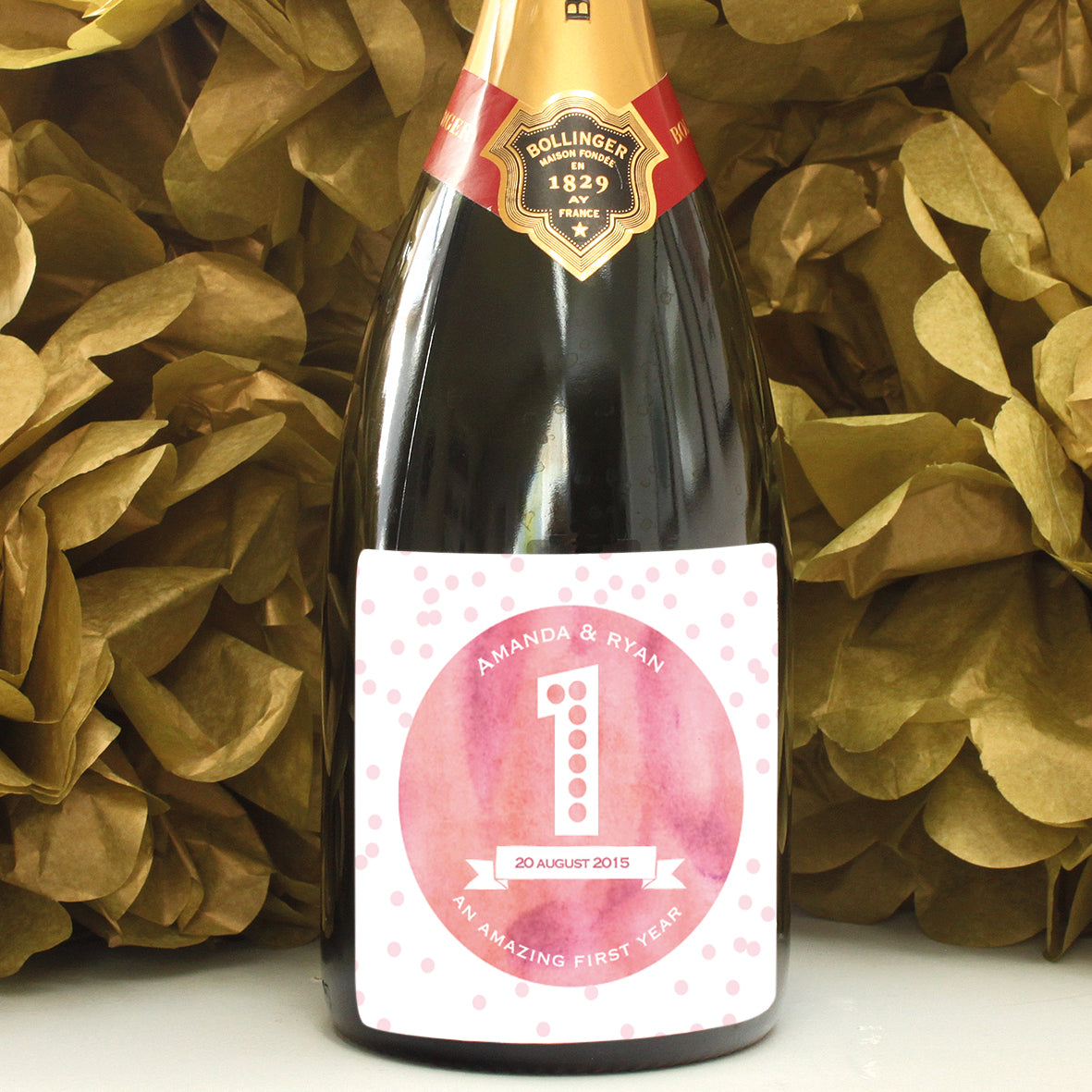 personalised blush 1st anniversary champagne label