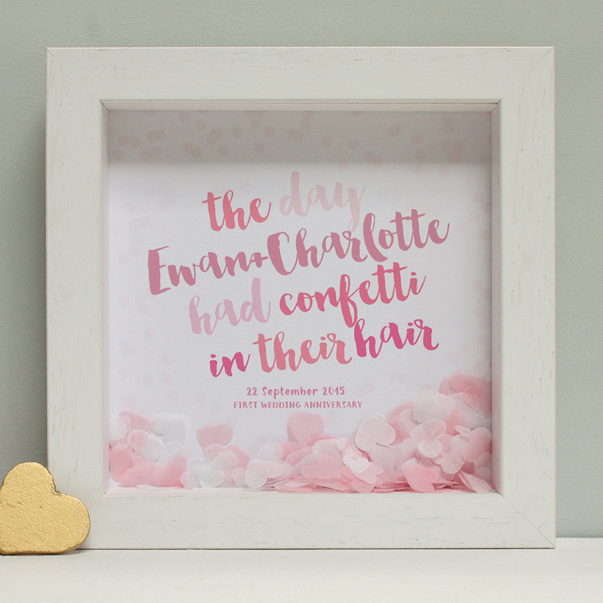 personalised pale pinks anniversary print with pale pink confetti, white box frame