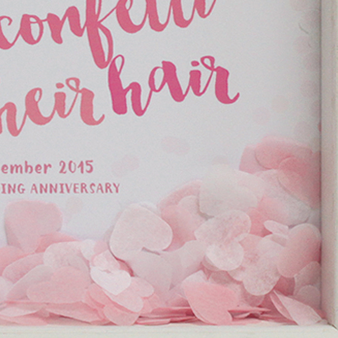 personalised pale pinks anniversary print with pale pink confetti, white box frame
