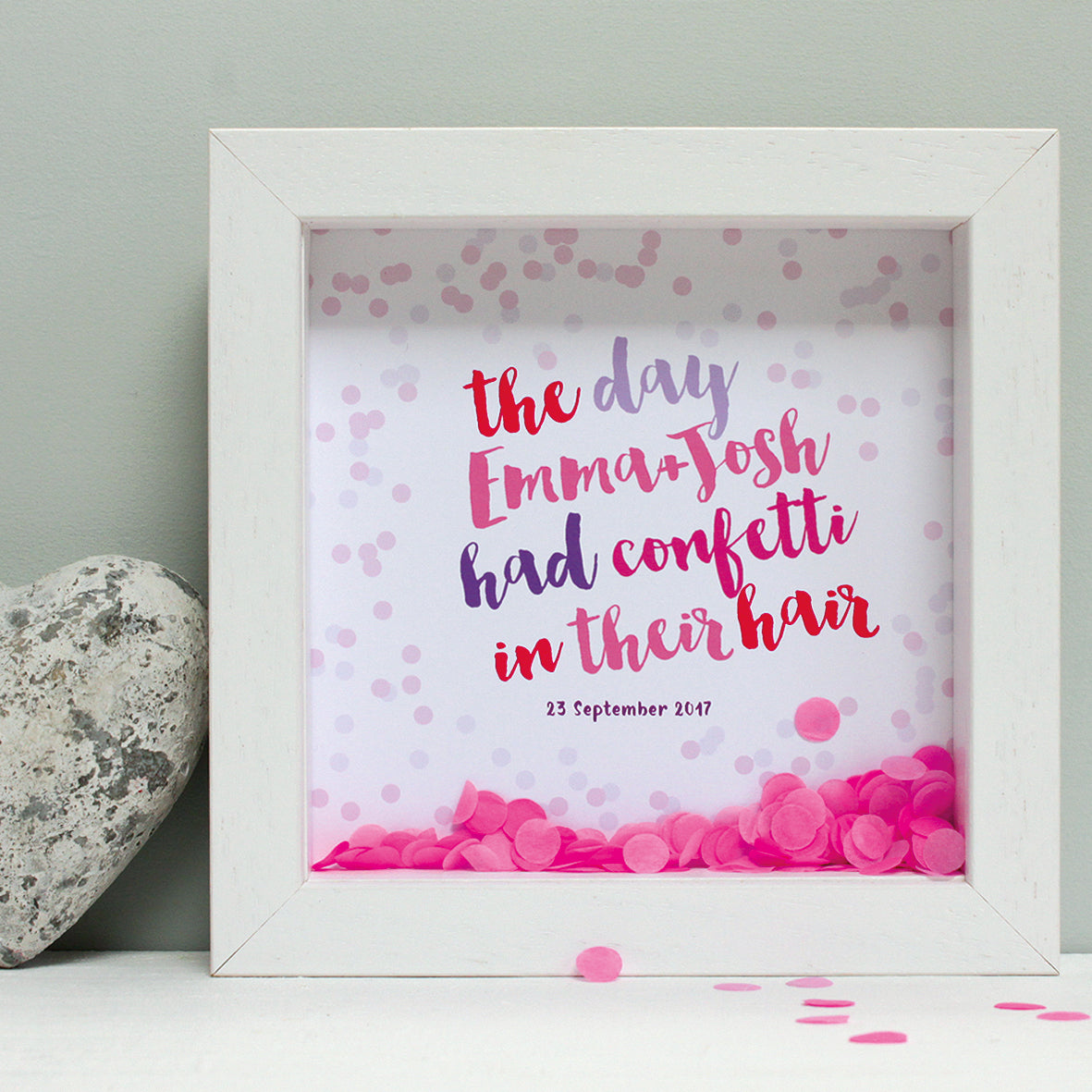 personalised dark pinks anniversary print with hot pink confetti, white box frame