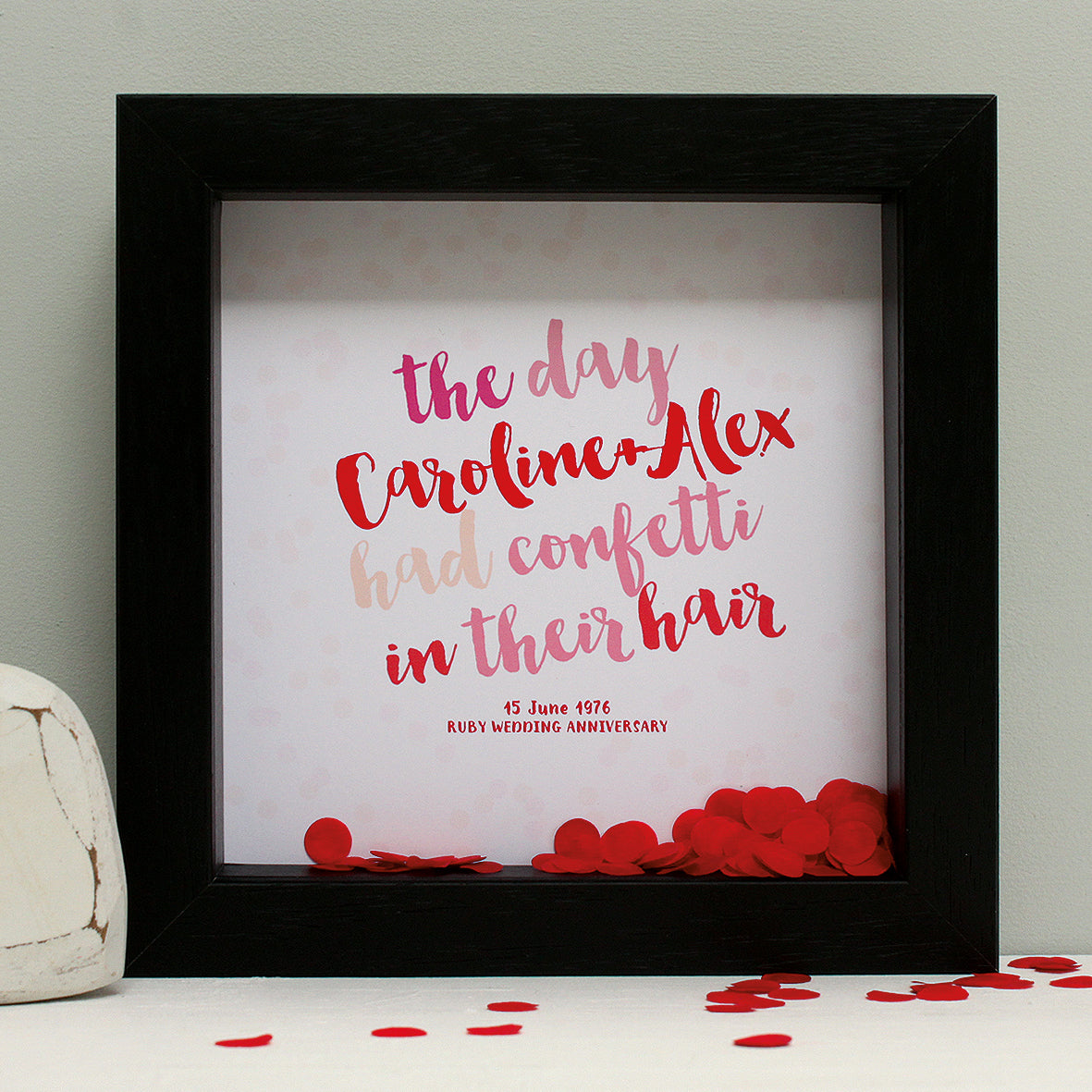 personalised reds anniversary print with ruby red confetti, black frame