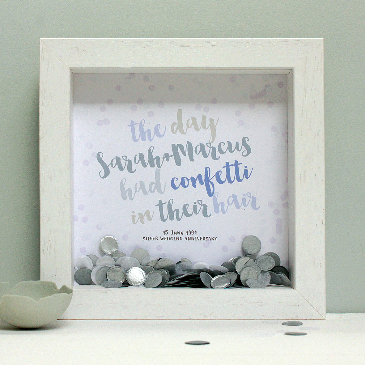 personalised silver grey anniversary print with silver confetti, white box frame