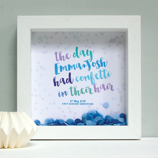 personalised blues anniversary print with powder blue confetti, white frame