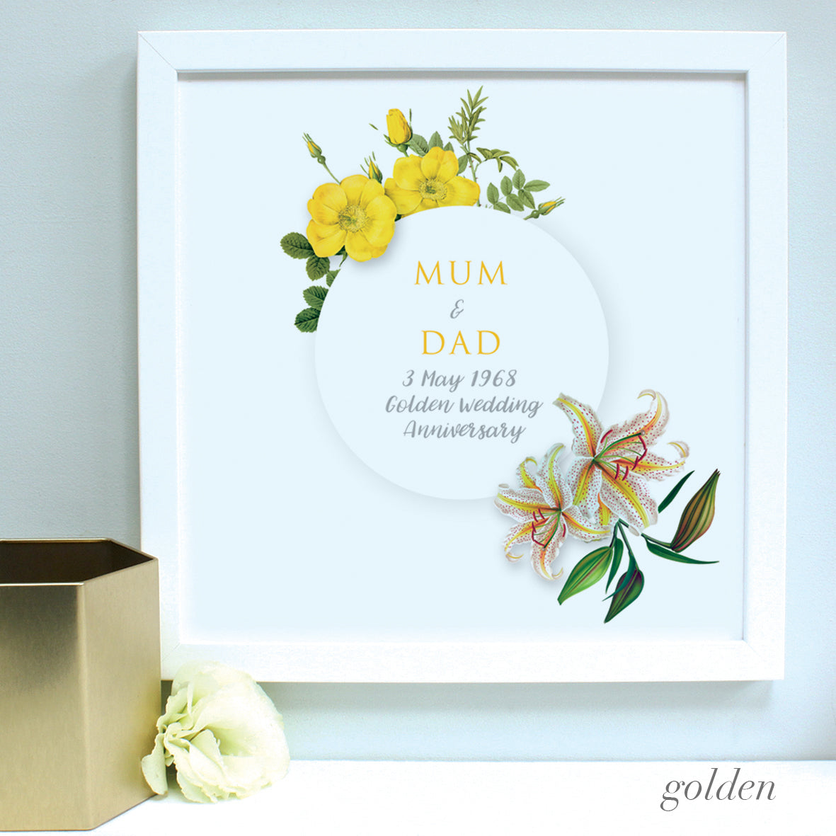 personalised golden anniversary flowers anniversary print, white frame