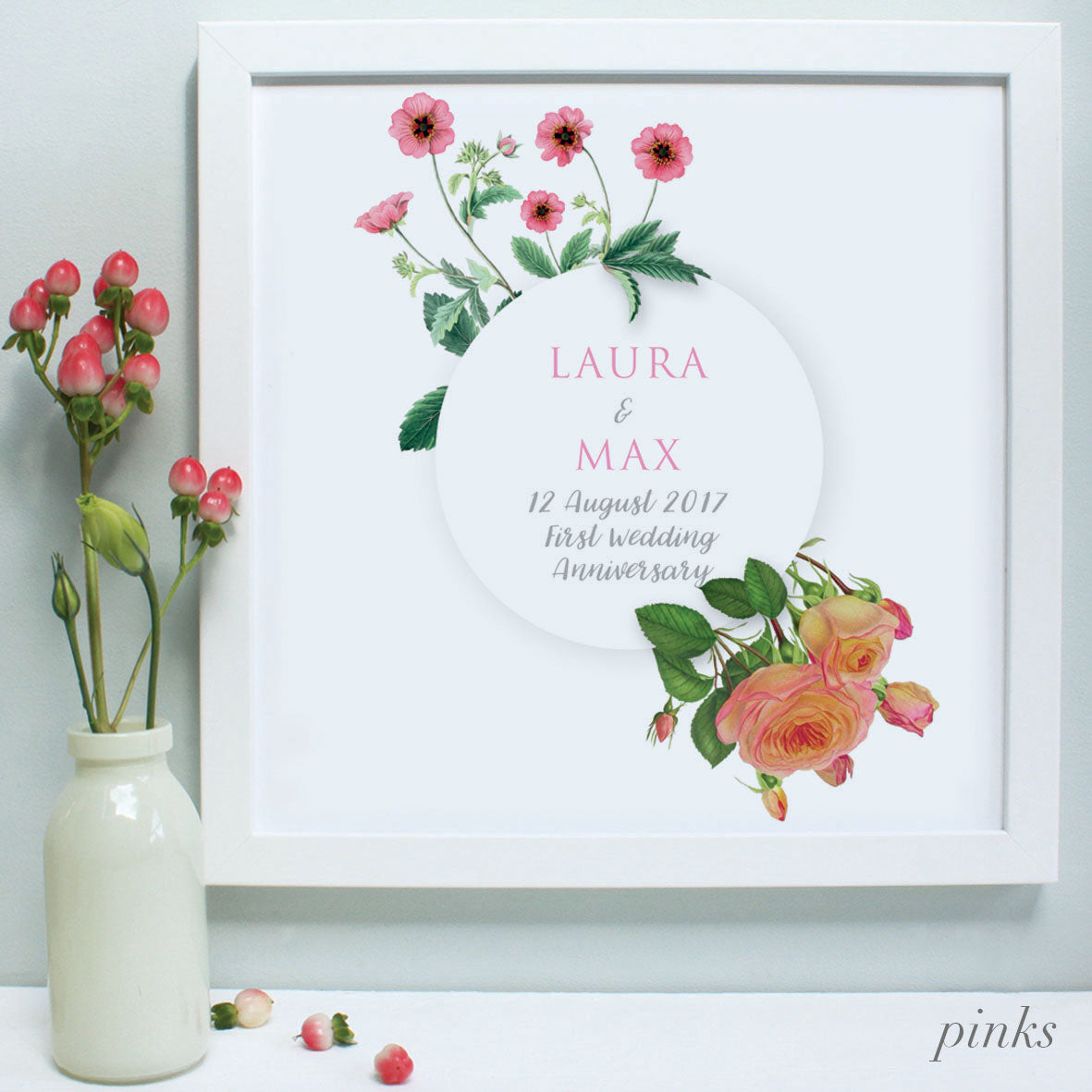 personalised pinks flowers anniversary print, white frame