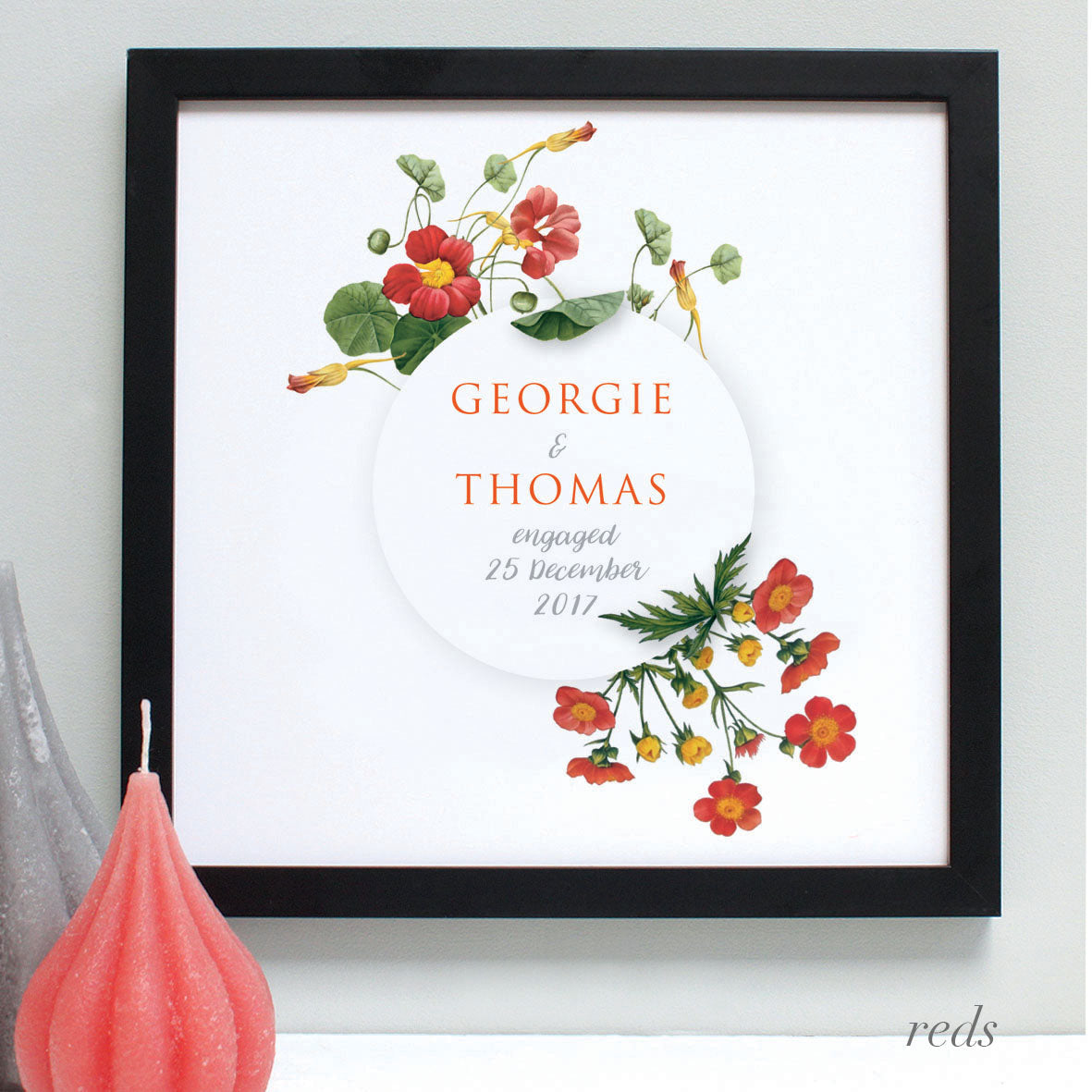 personalised reds flowers engagement print, black frame