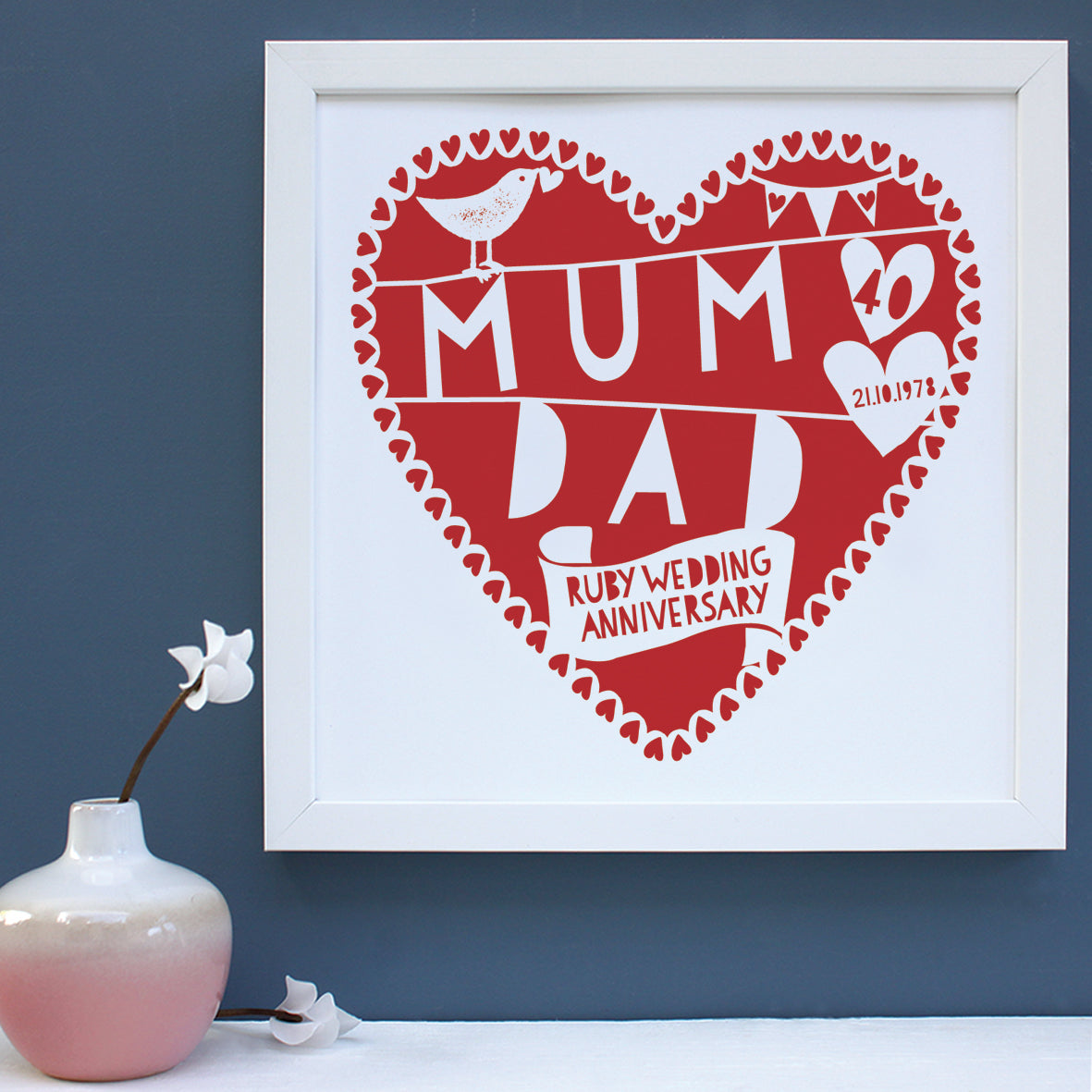 personalised 40th ruby red anniversary print, white frame
