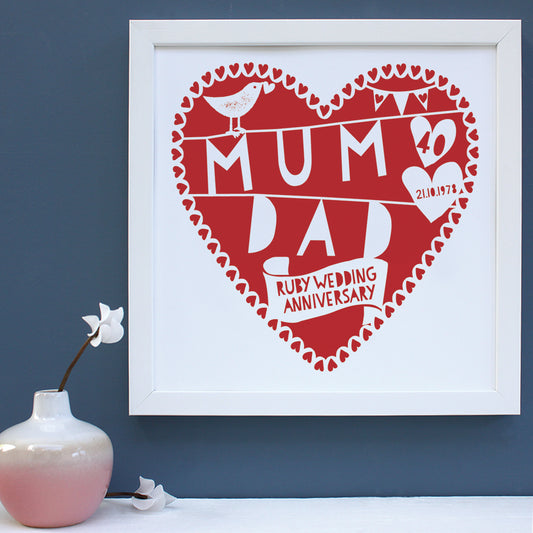 personalised 40th ruby red anniversary print, white frame