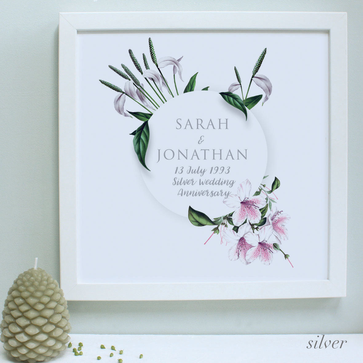 personalised silver flowers silver wedding anniversary print, white frame