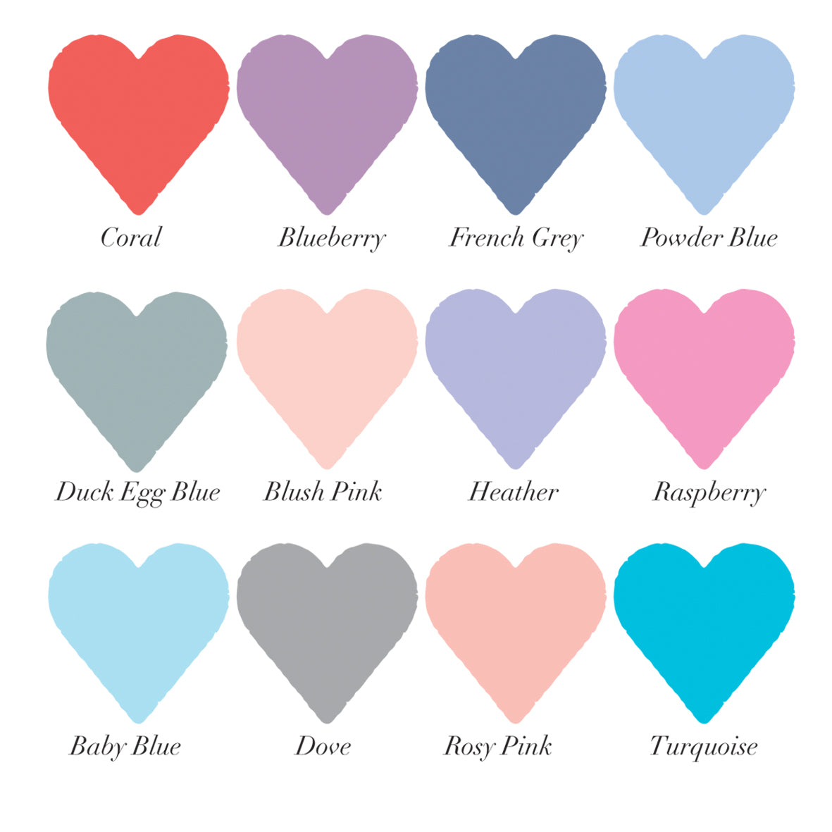 12 coloured heart swatches