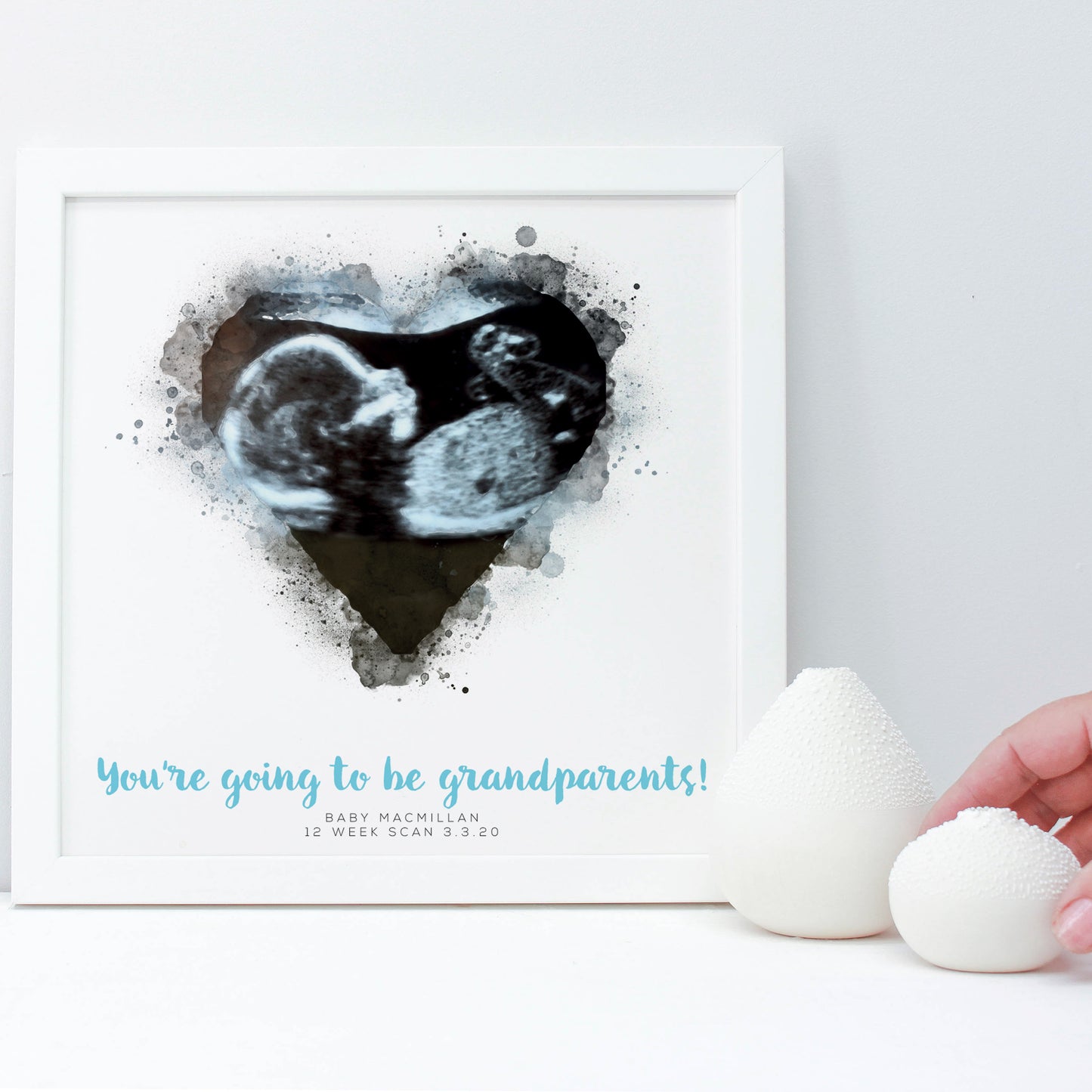watercolour illustration of baby scan personalised print in heart in a white frame