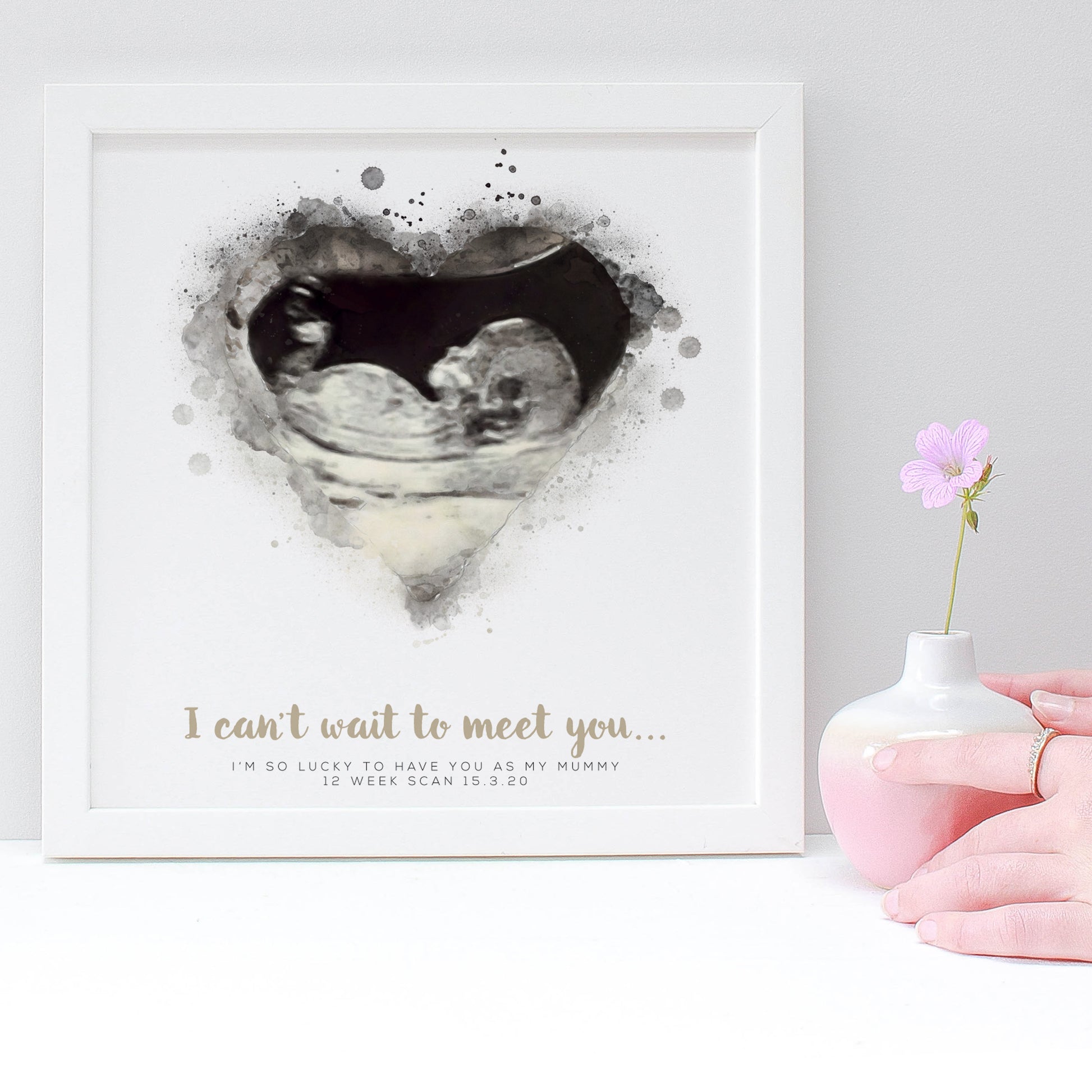 illustration of baby scan personalised print in a square white frame