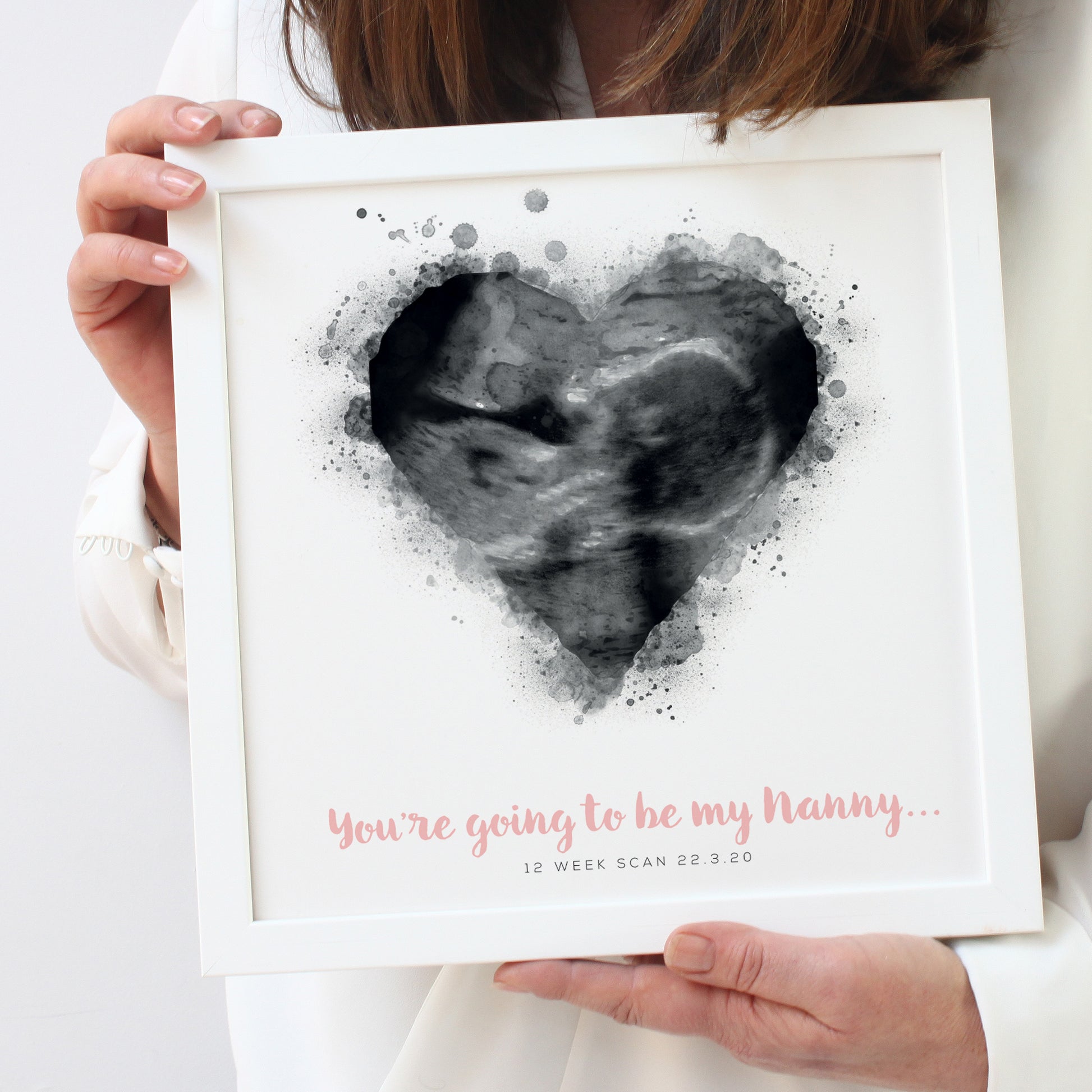 heart drawing of a baby scan personalised print pink in a square white frame