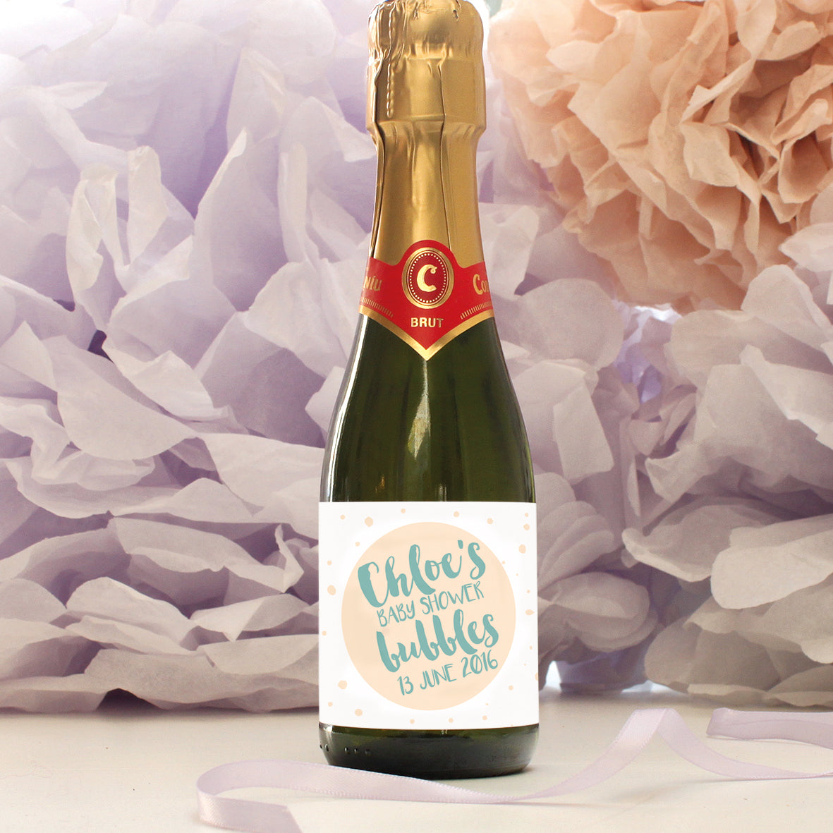 personalised aqua lettering on creamy champagne label, baby shower
