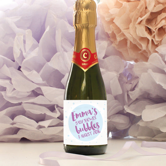 personalised blueberry lettering on baby blue champagne label, baby shower