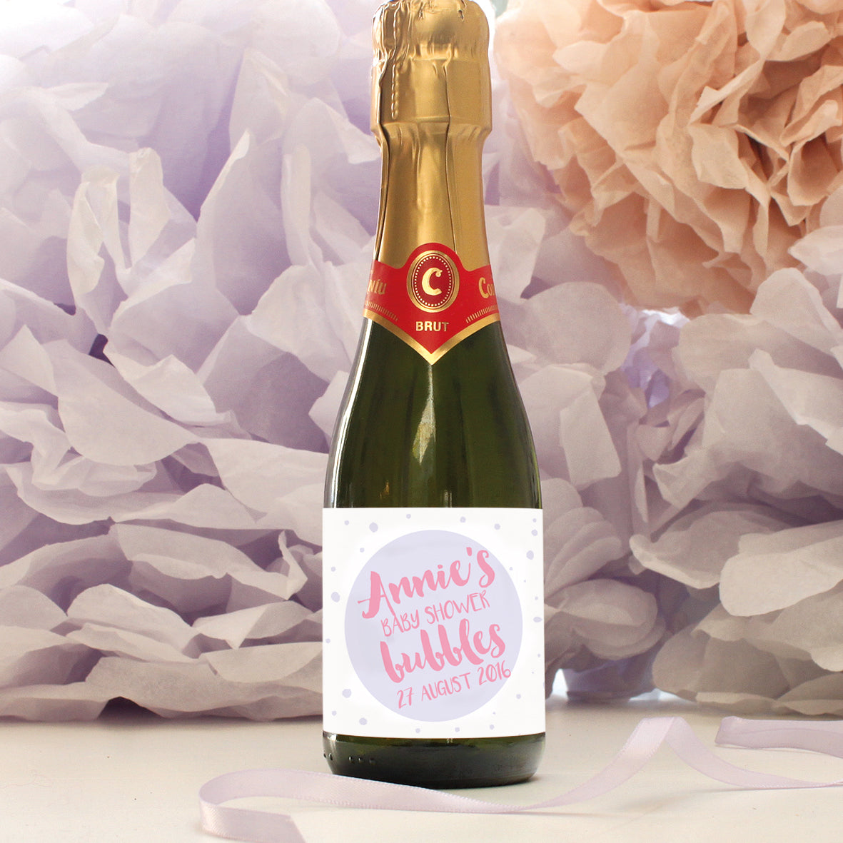 personalised raspberry lettering on lilac grey champagne label, baby shower