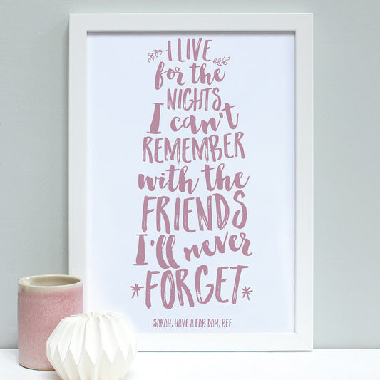 personalised dusty pink friend quote print, white frame