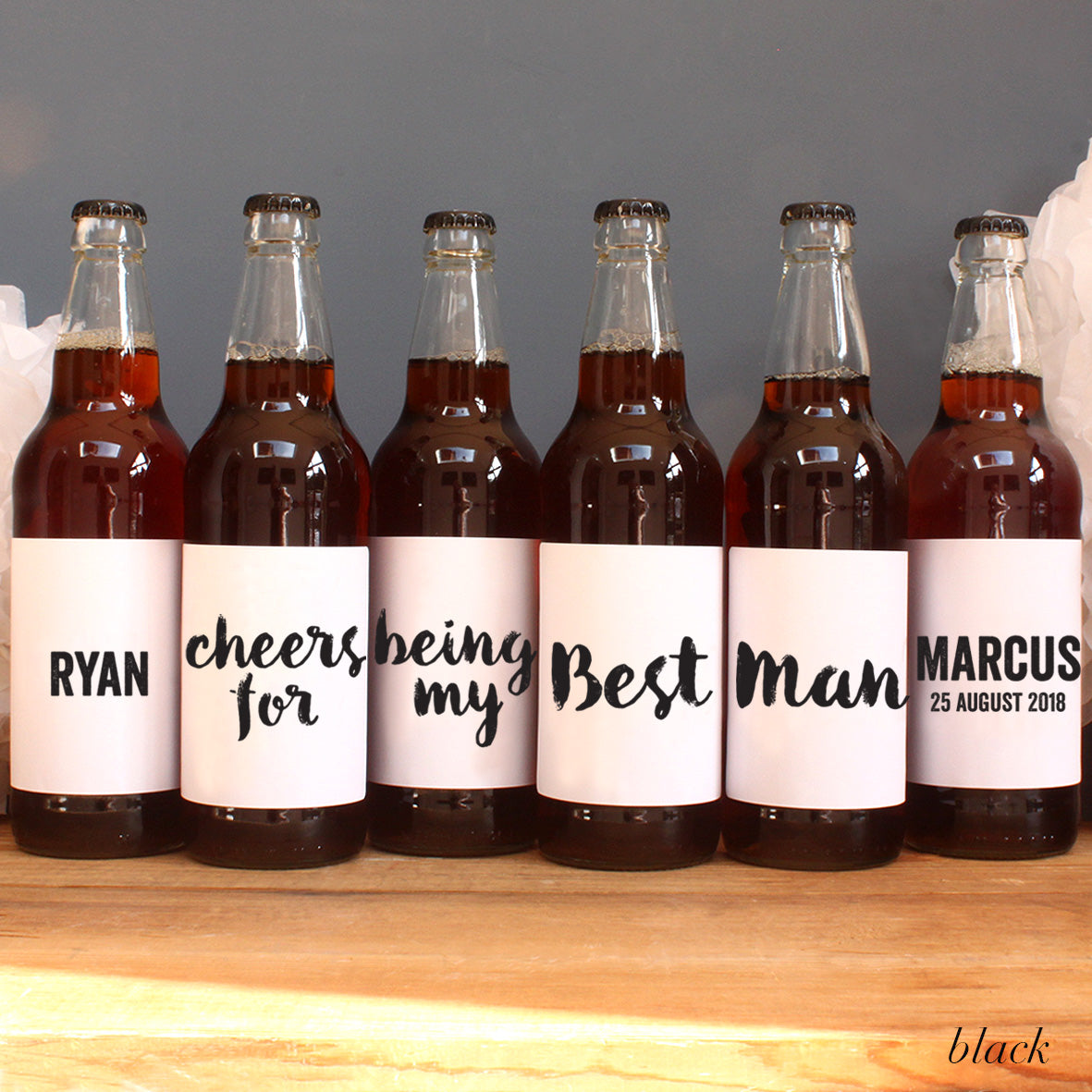 personalised black lettering on beer label, best man