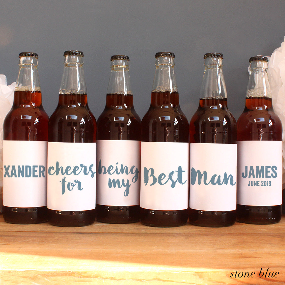 personalised stone blue lettering on beer label, best man