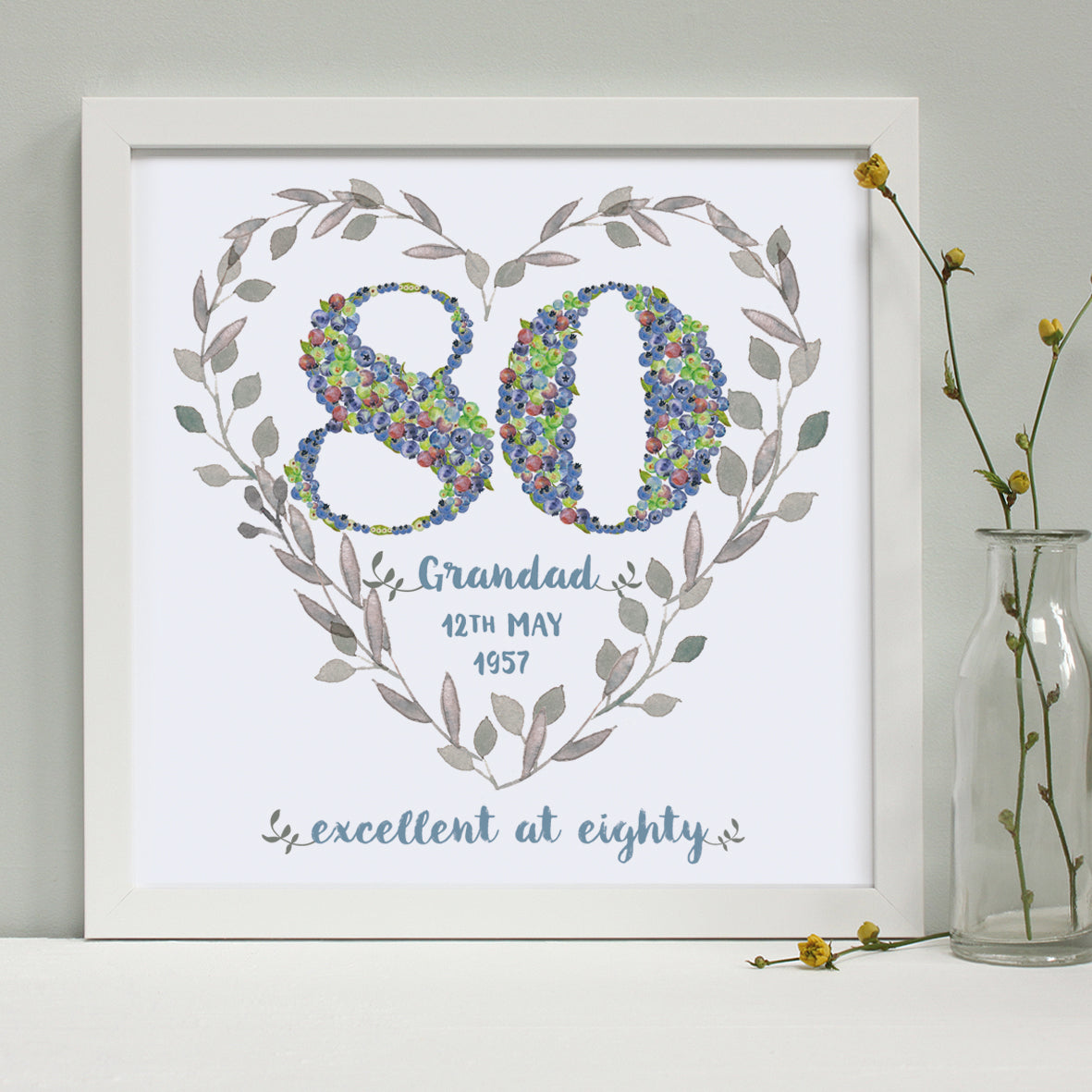 green leaves and berries 80th birthday heart print, white frame