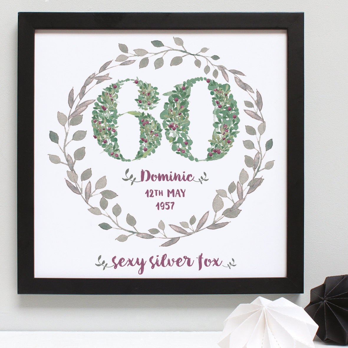 green foliage and berries 60th floral birthday print, black frame