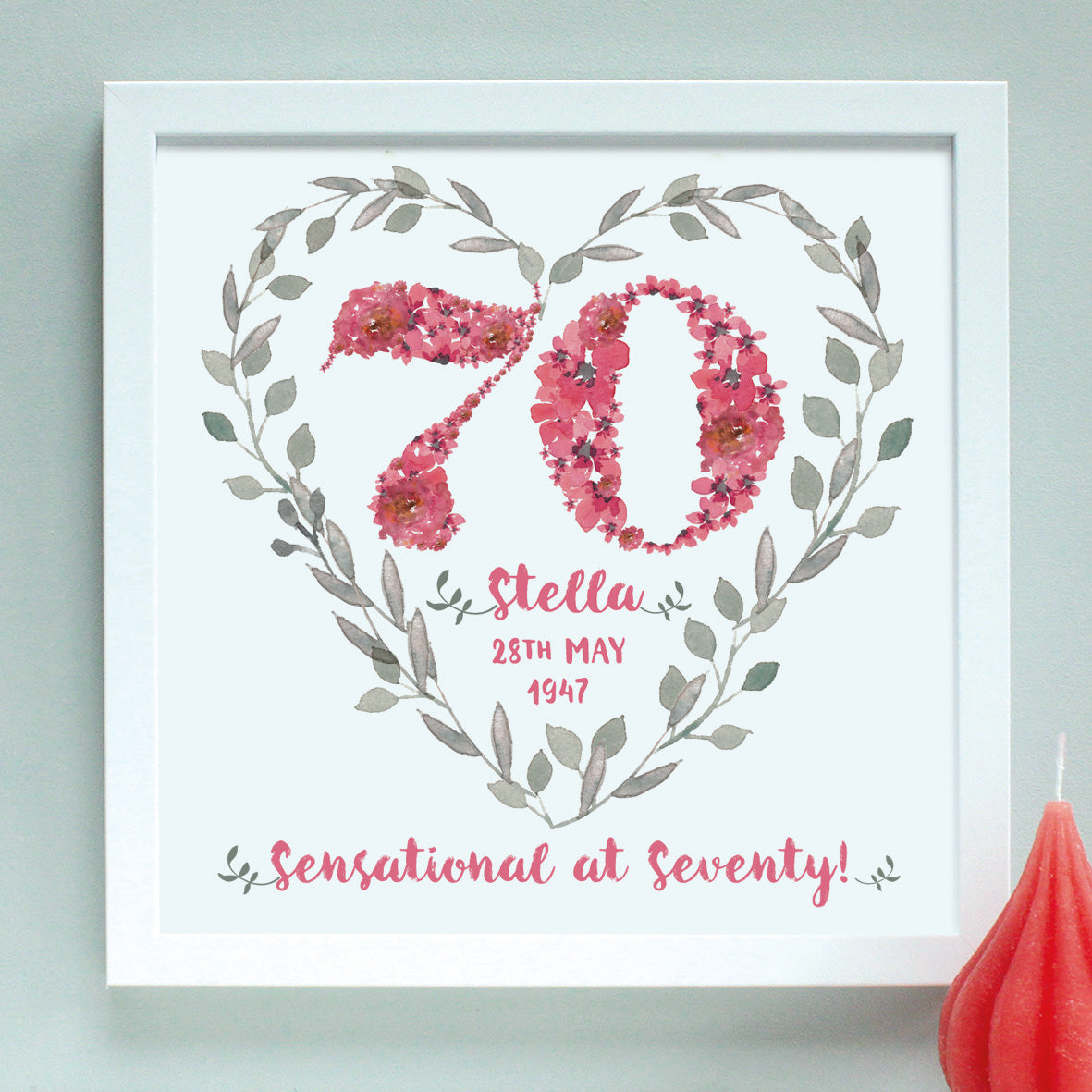 deep pink personalised 70 birthday age print, white frame