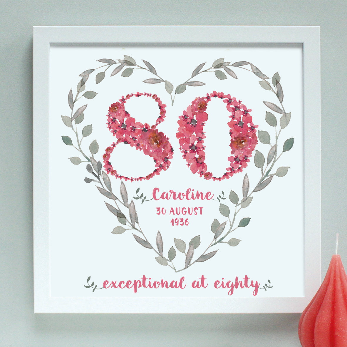 deep pink personalised 80th birthday heart, white frame