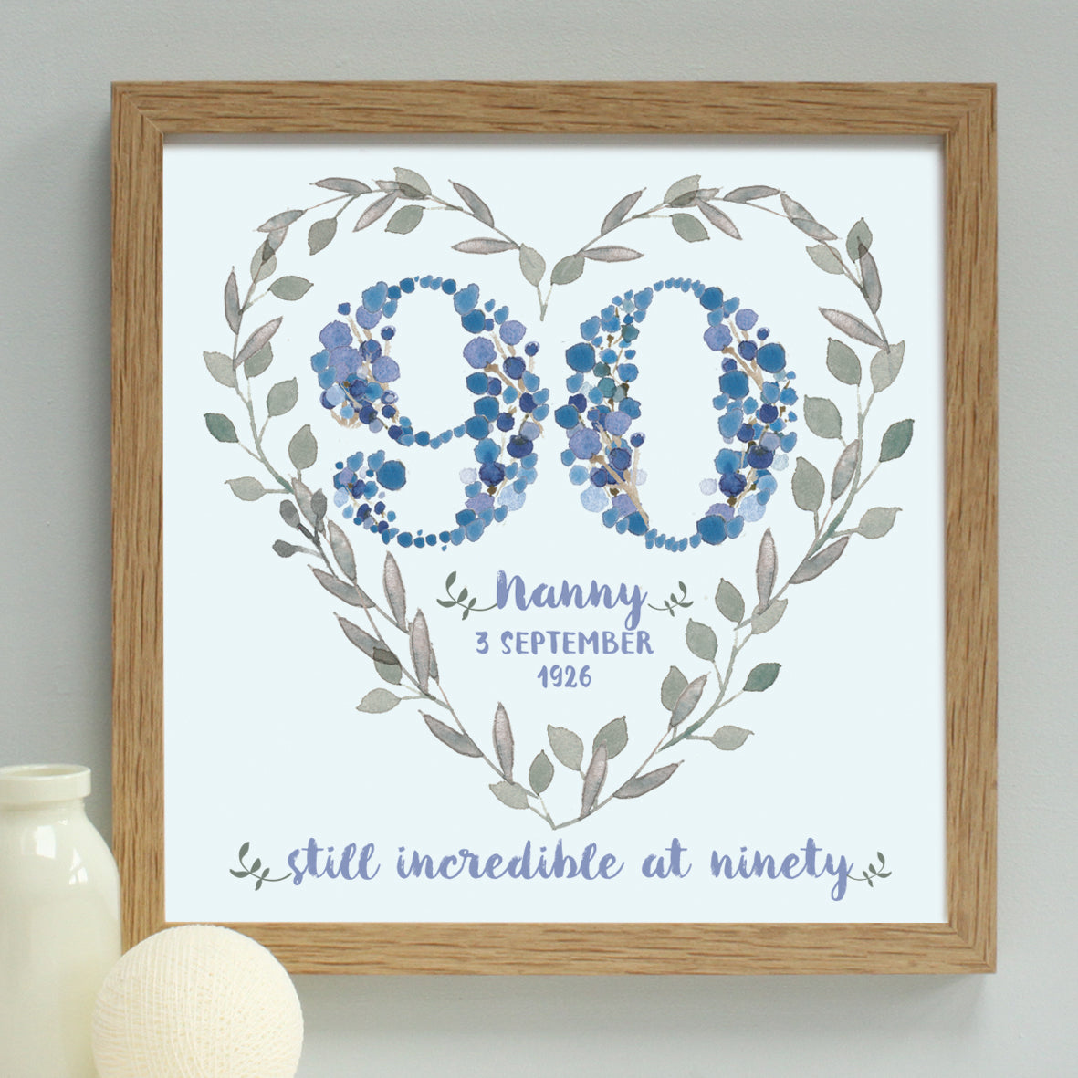 watery blue 90th birthday heart print, oak frame