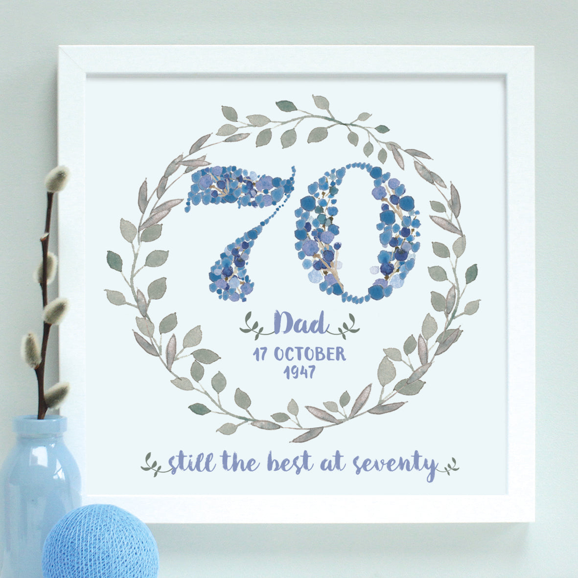 personalised blue 70th birthday age print, white frame