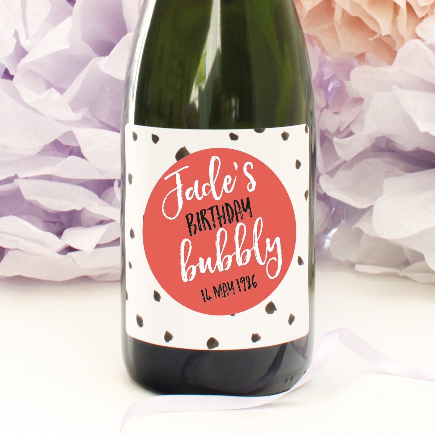 personalised coral dots birthday champagne label