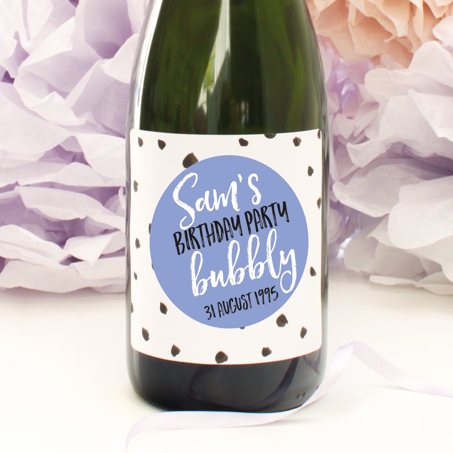 personalised cornflower dots birthday champagne label