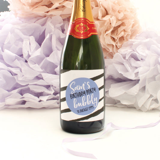 personalised cornflower stripes birthday champagne label