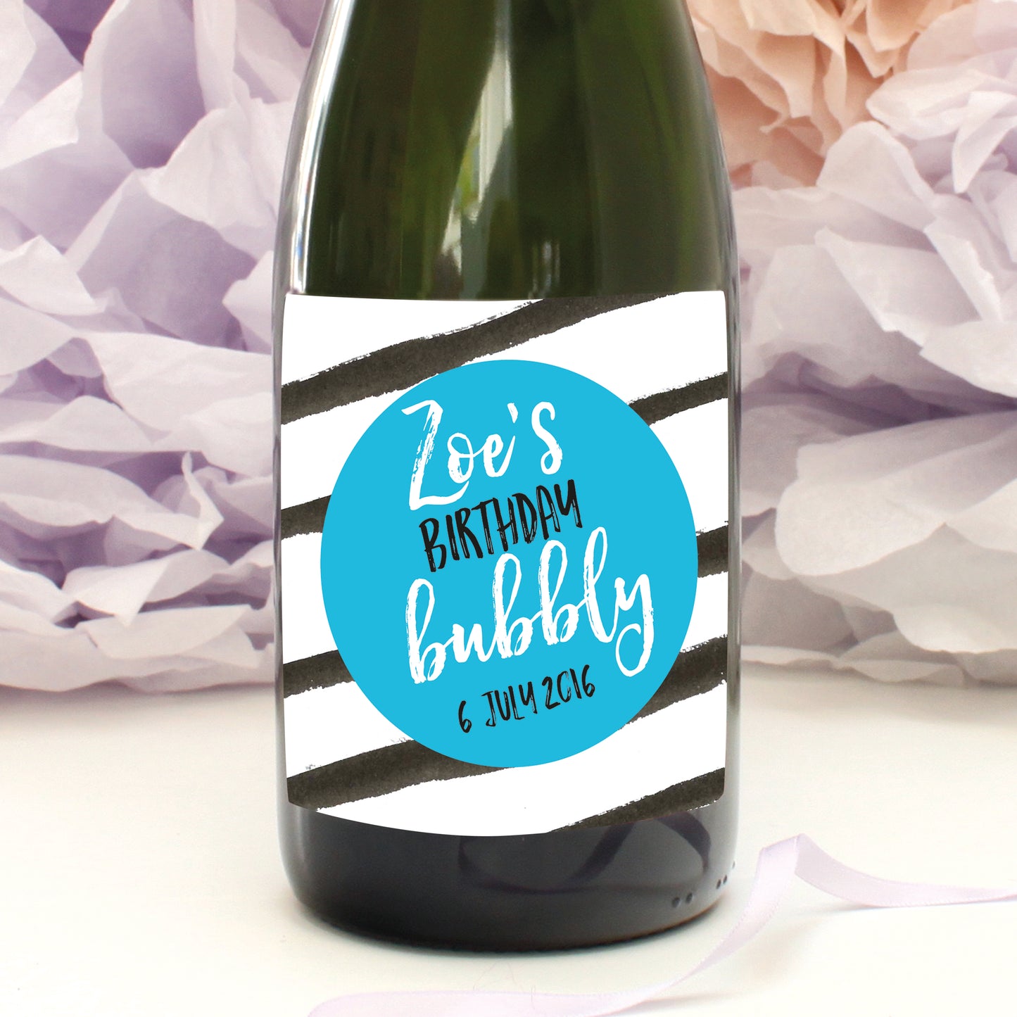 personalised turquoise stripes birthday champagne label