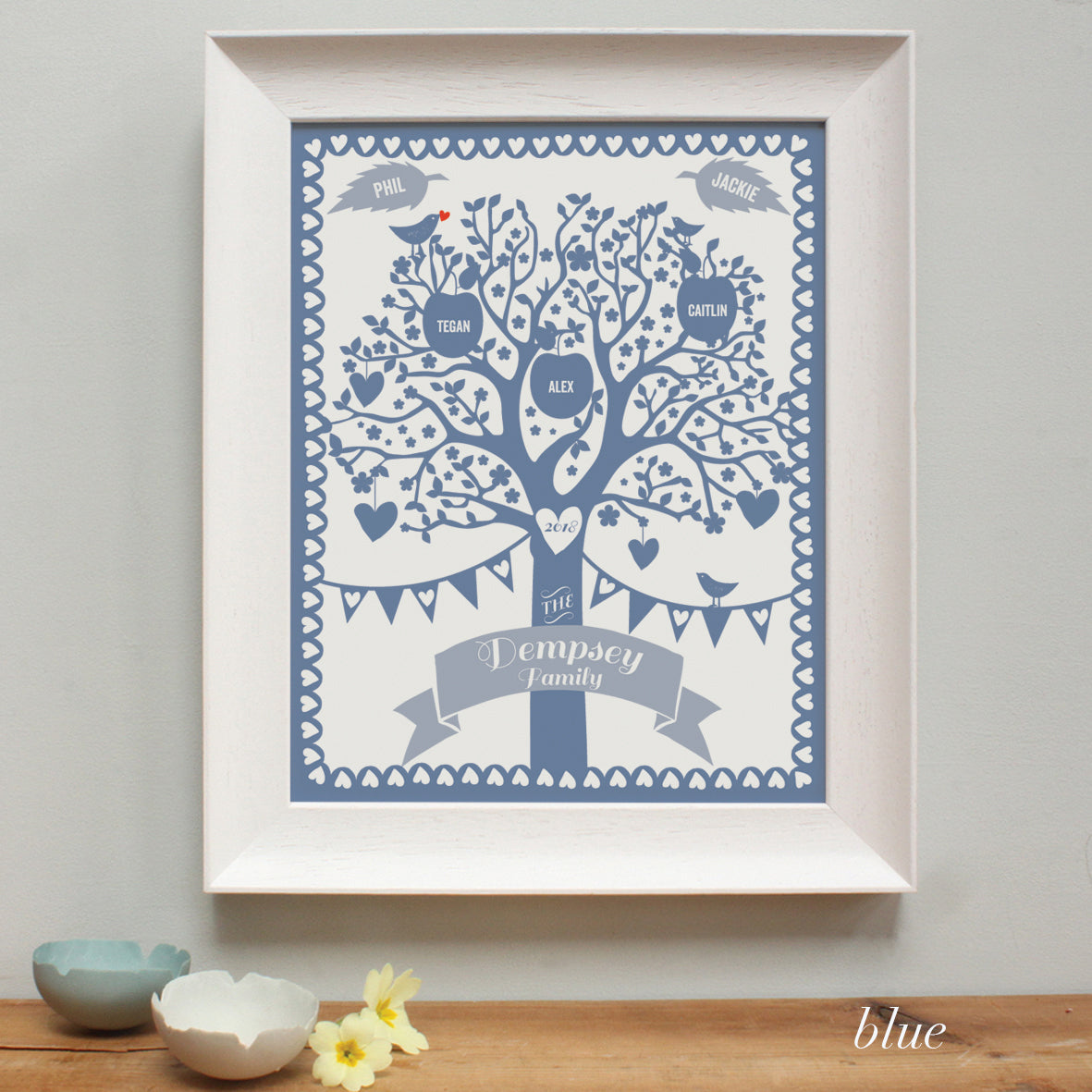 blue illustration of a family tree in a white frame