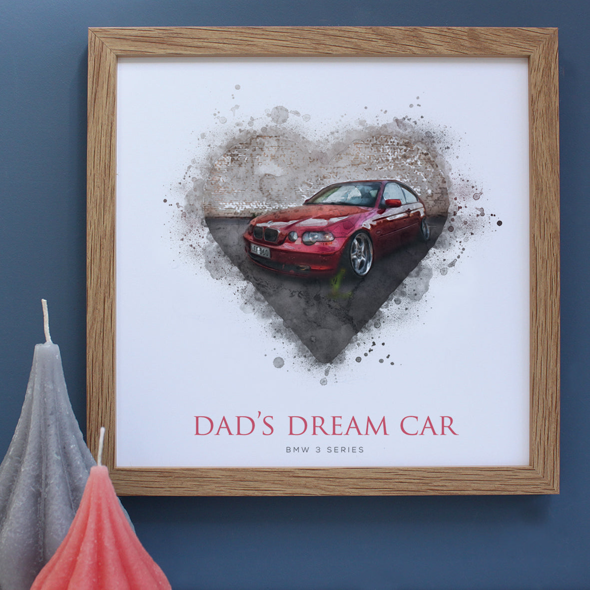 drawing of a BMW3 car in an oak wooden frame