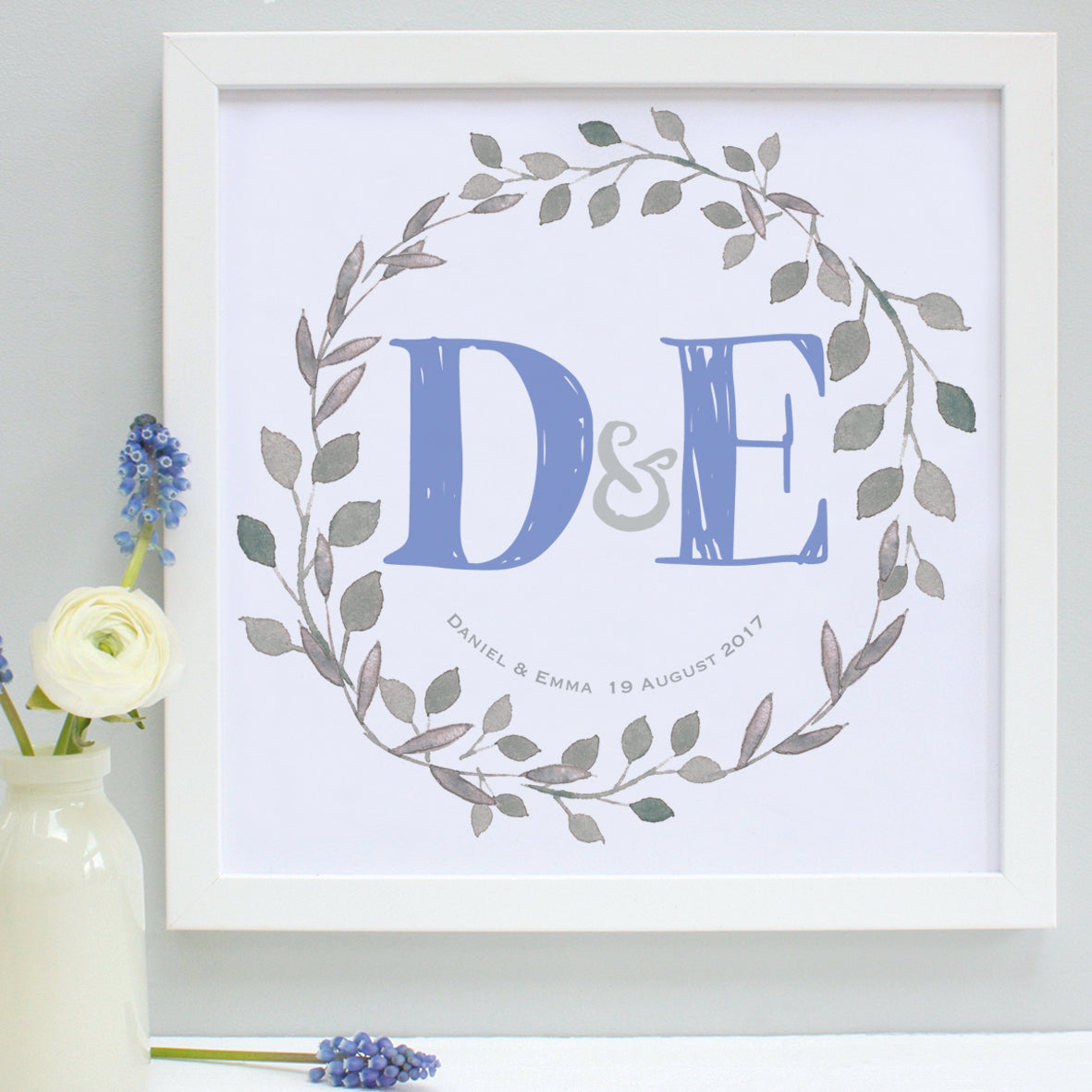 personalised cornflower colour wedding garland print, white frame