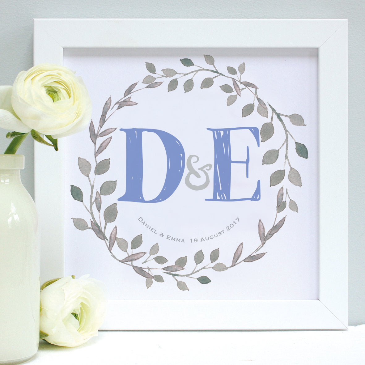 personalised cornflower wedding garland print, white frame