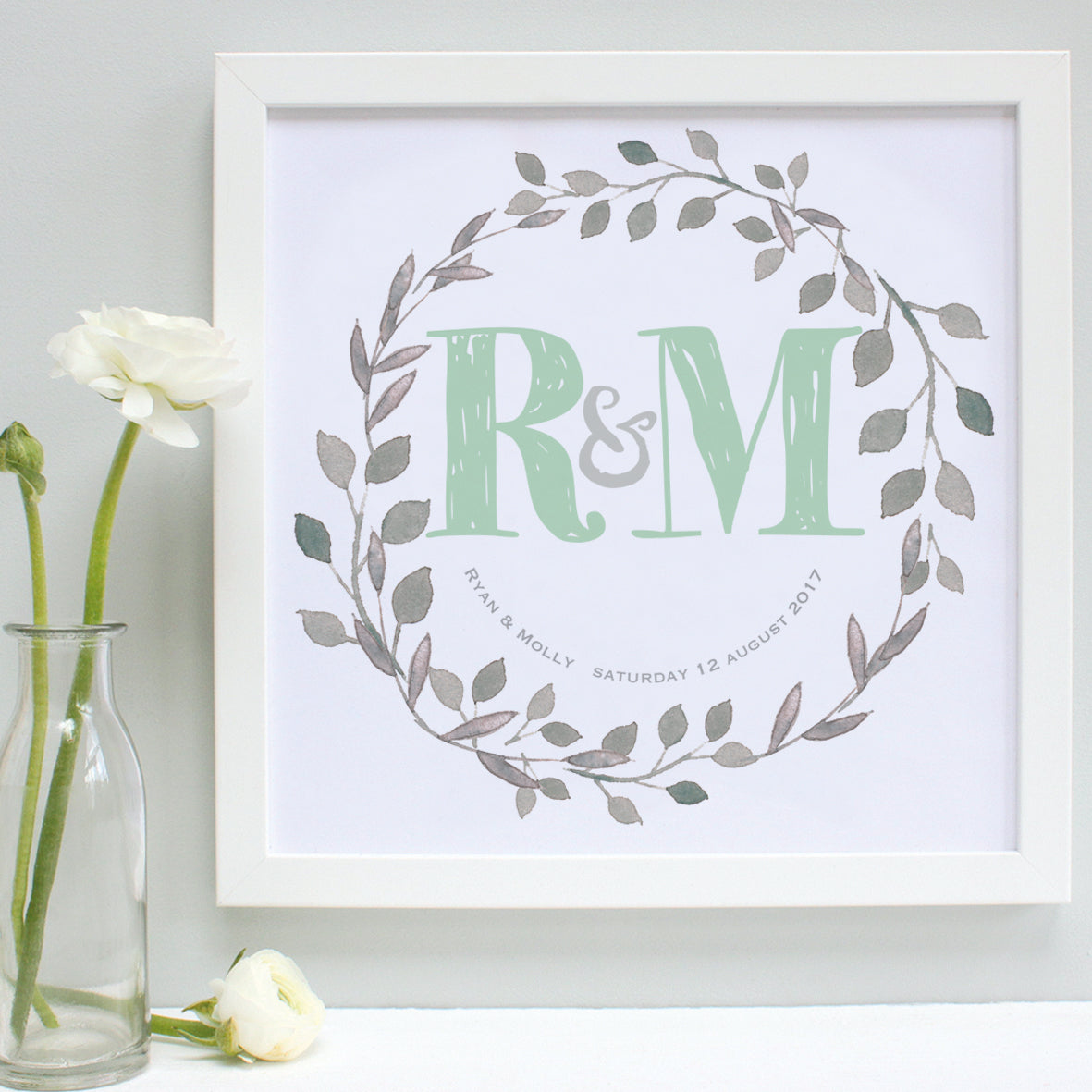 personalised mint green for wedding garland print, white frame