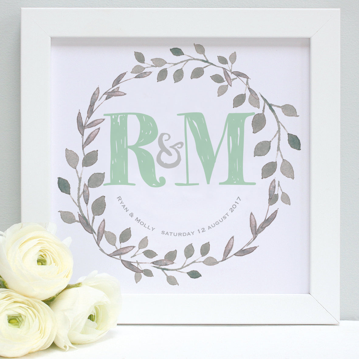 personalised mint green wedding garland print, white frame