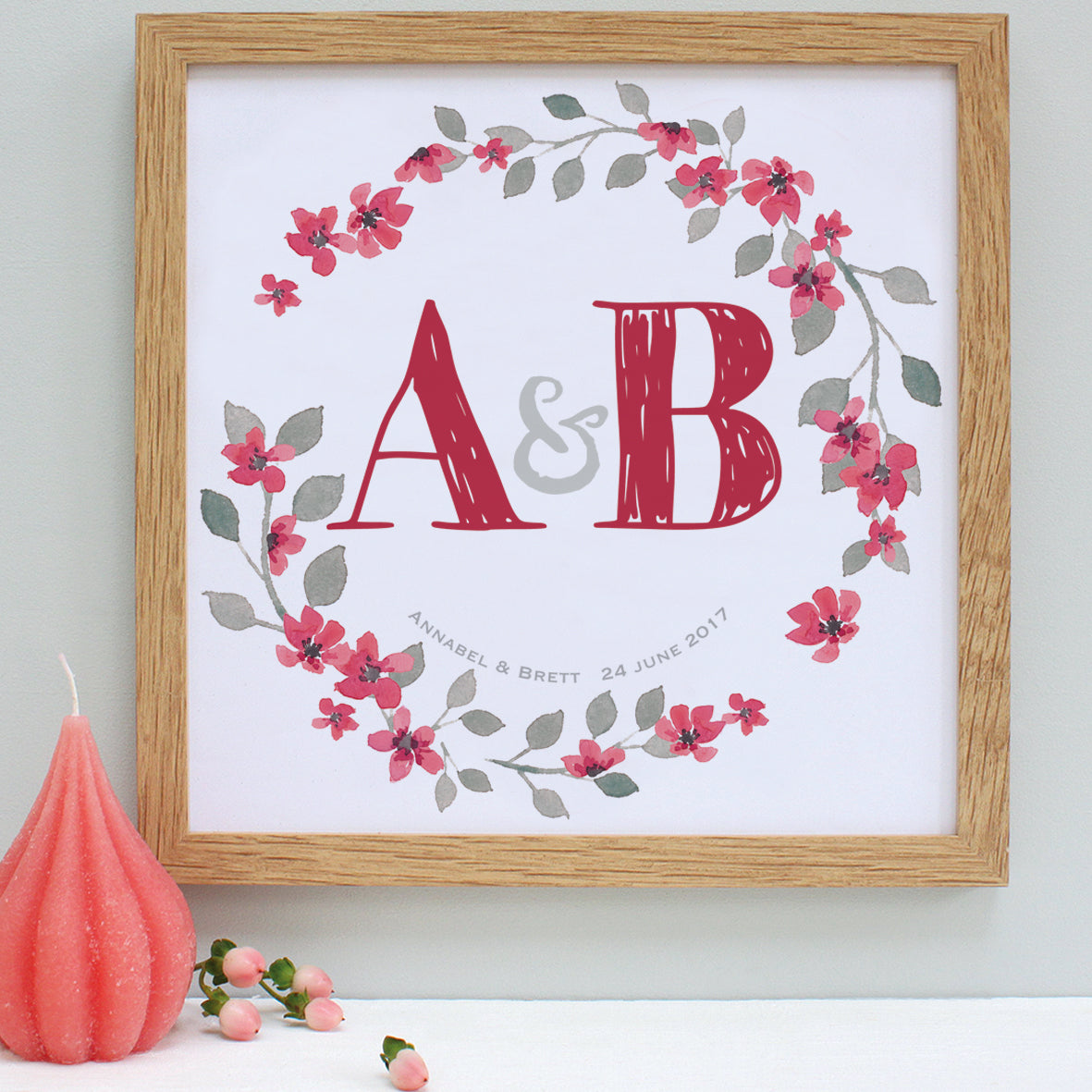 personalised berry red wedding garland print, oak frame