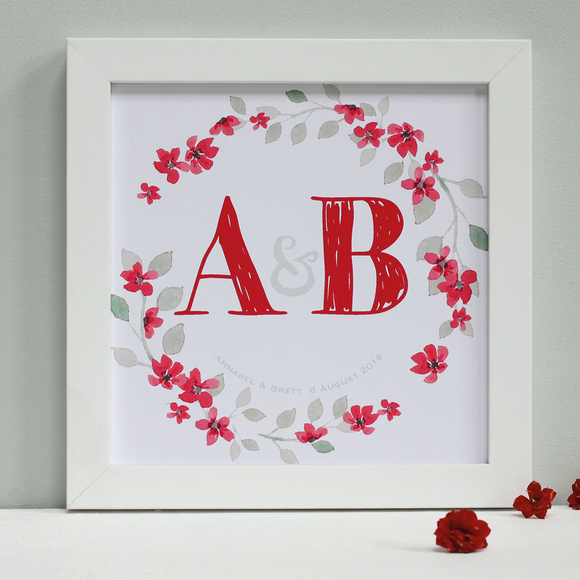 personalised berry red wedding garland print, white frame