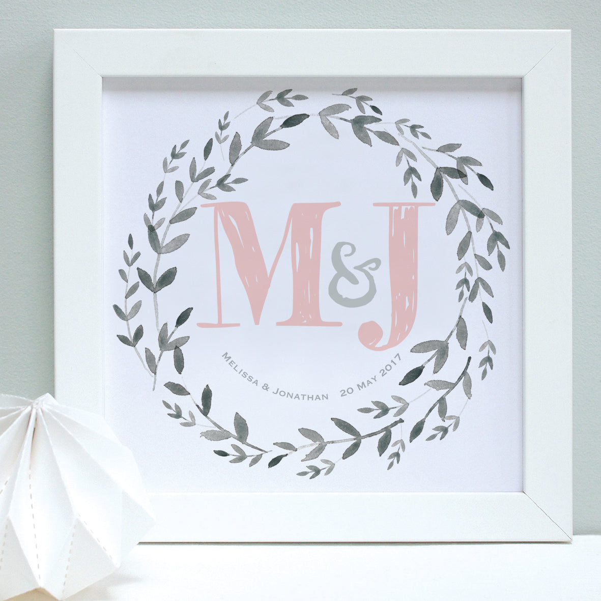 personalised blush wedding garland print, white frame